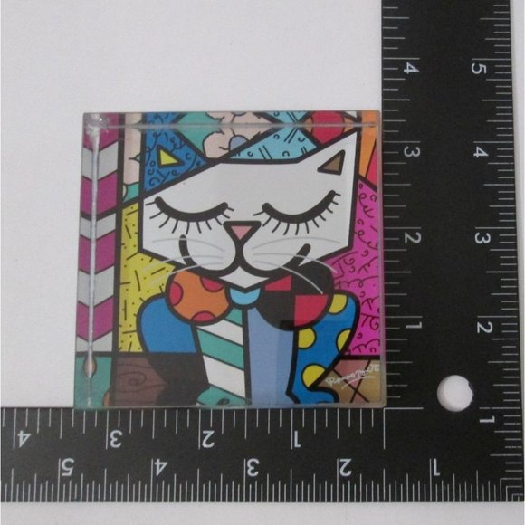 Britto Happy Cat Paperweight Remero Abstract Art Square Glass -Flaws- - Picture 5 of 7